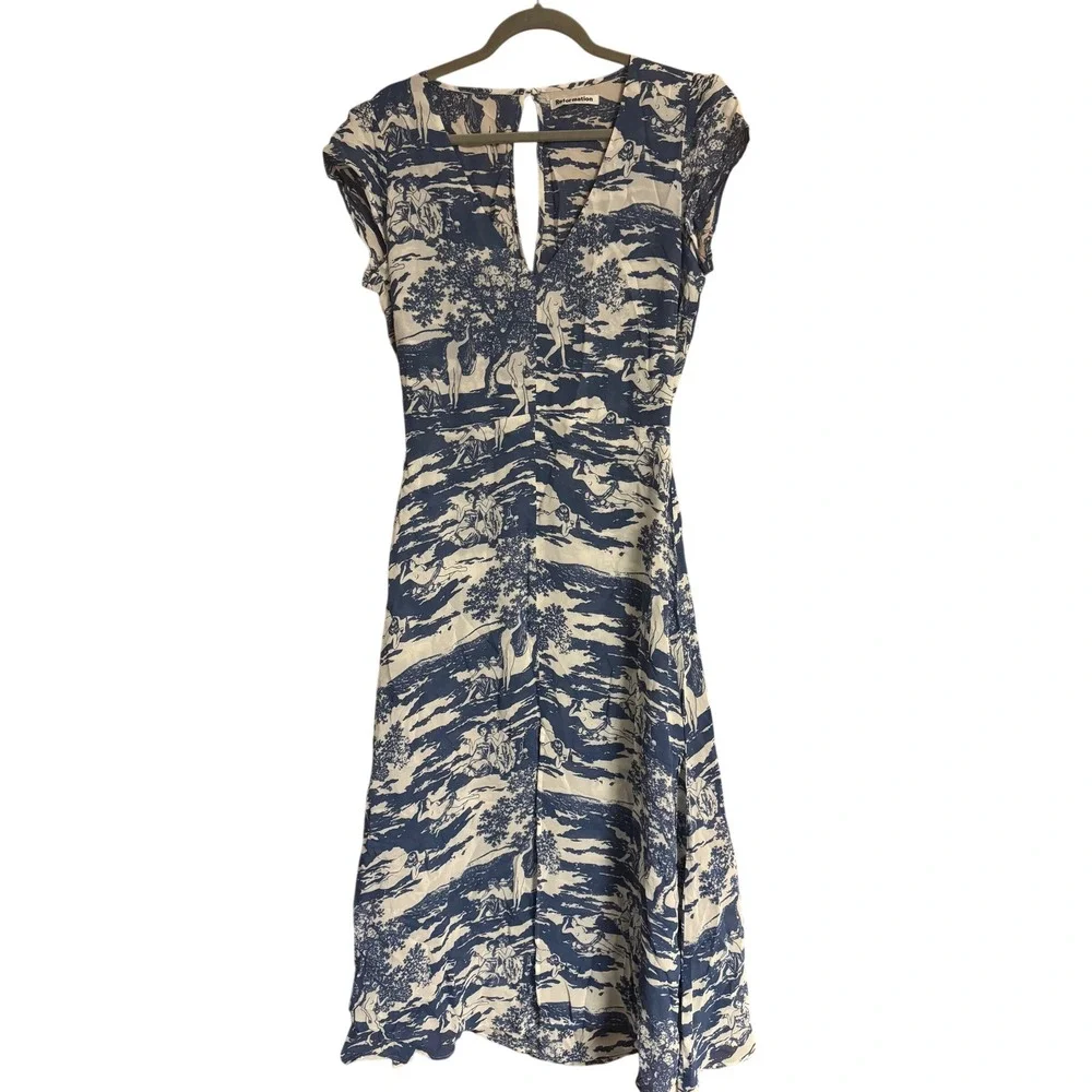 Reformation Wellfleet Dress Blue White Toile Midi Dress Open Back V-Neck Size 12